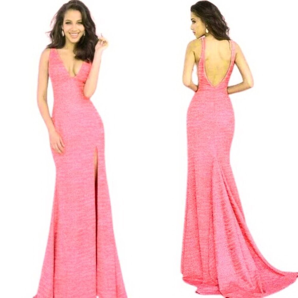 Jovani Hot Pink Glitter Sparkle Open Back Gown